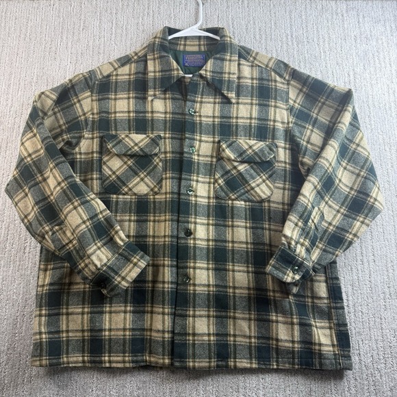 Vintage Pendleton Wool Board Flannel Plaid Loop Collar Flap Pockets Men's XL - Picture 2 of 14